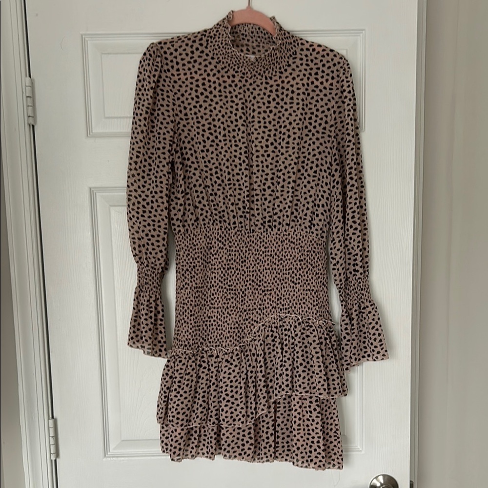 Hello Molly Brown Tan Ruffled Smocked Dress